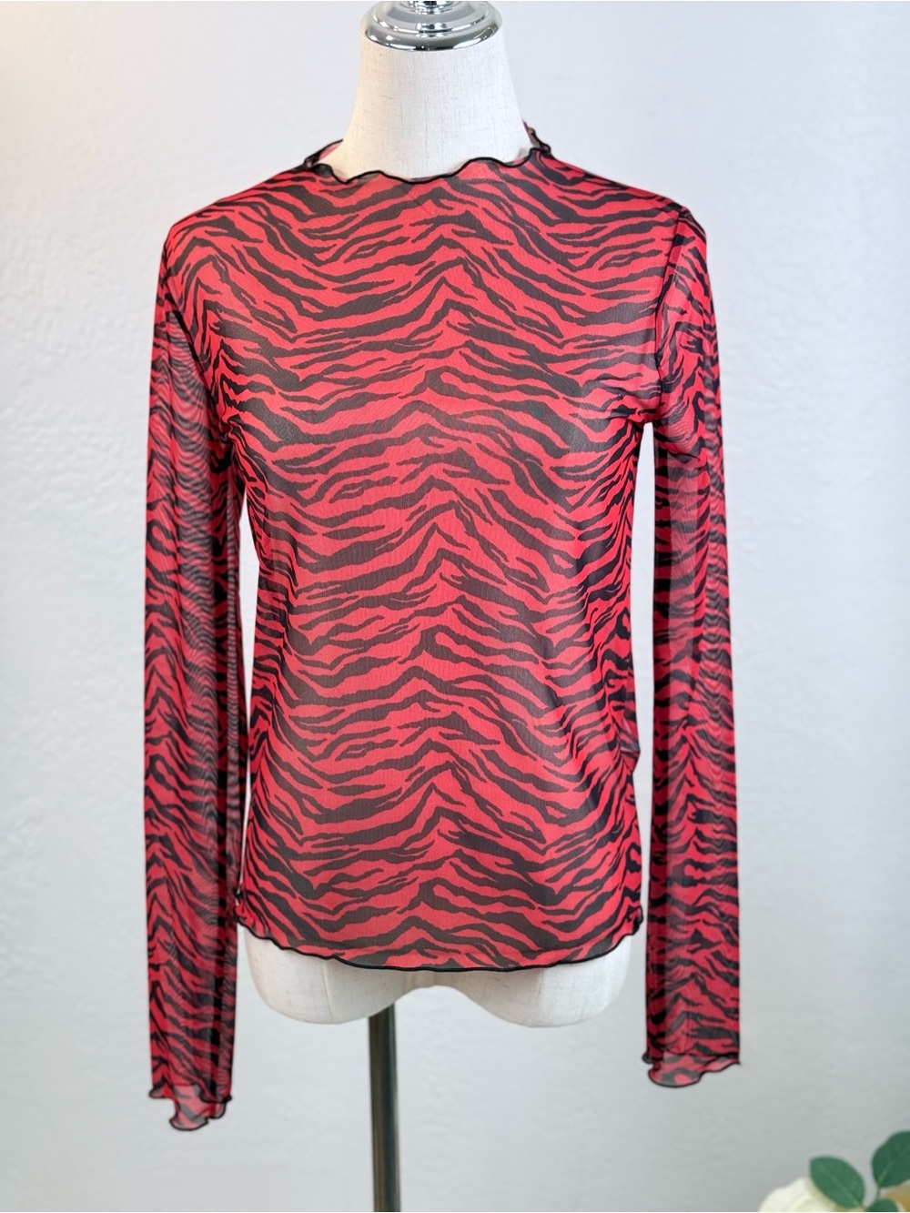 ZARA Red Zebra Print Mesh Top• Sheer Long Sleeve•Edgy Streetwear• Y2K Indie M